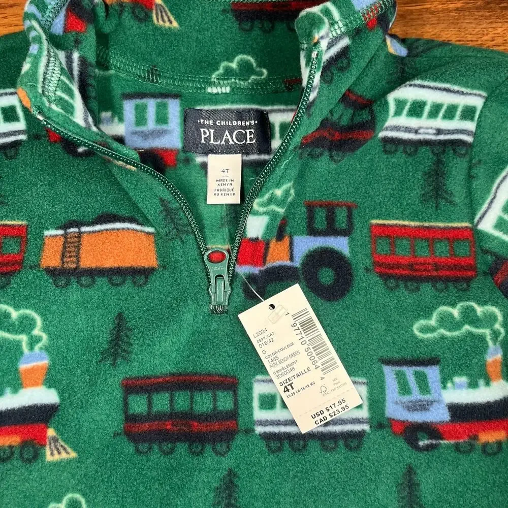 NEW Children’s Place Green Fleece Train Print 1/4 Zip Pullover Top